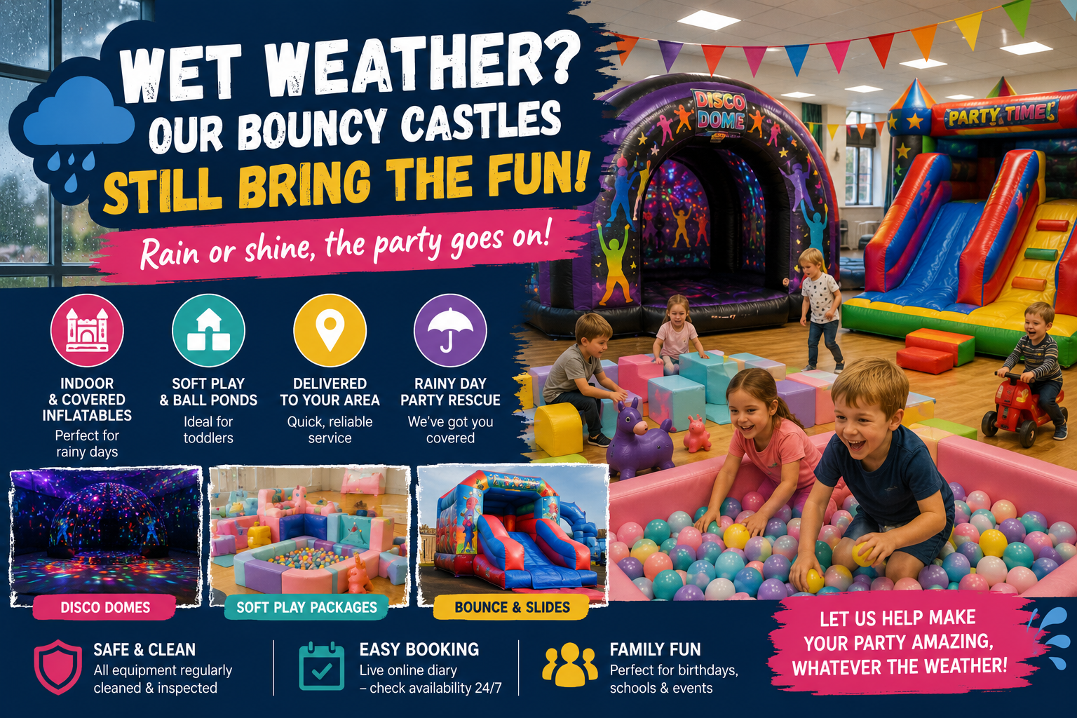 looking for wet weather party hire ideas? wet weather indoor bouncy castle hire